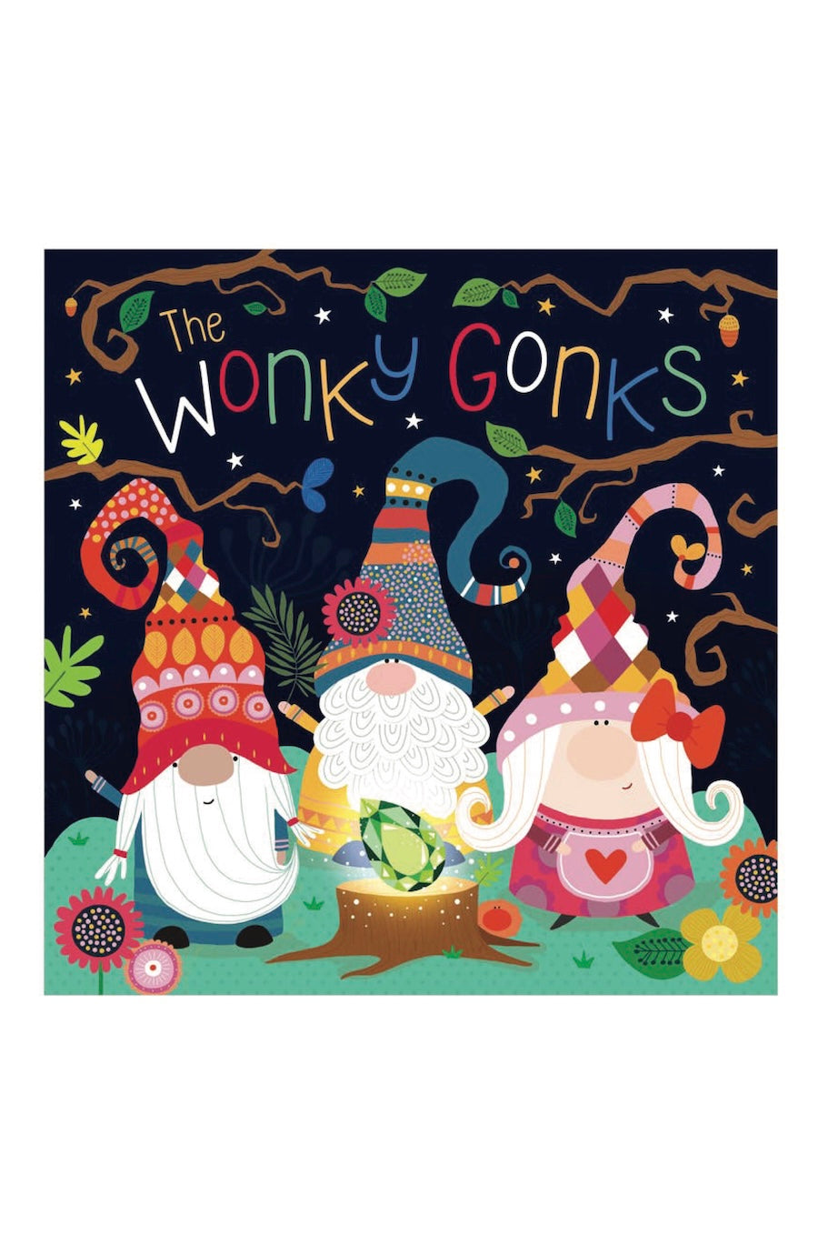 The Wonky Gonks children's book cover illustration featuring three whimsical gnomes under a dark night sky with the title 'The Wonky Gonks' in colorful lettering.