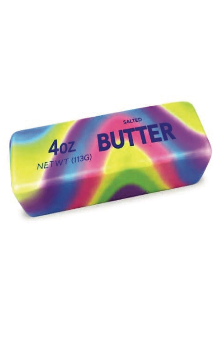 A 4 oz package of salted butter with a vibrant, multicolored tie-dye pattern in yellow, green, blue, purple, and pink on a plain white background.