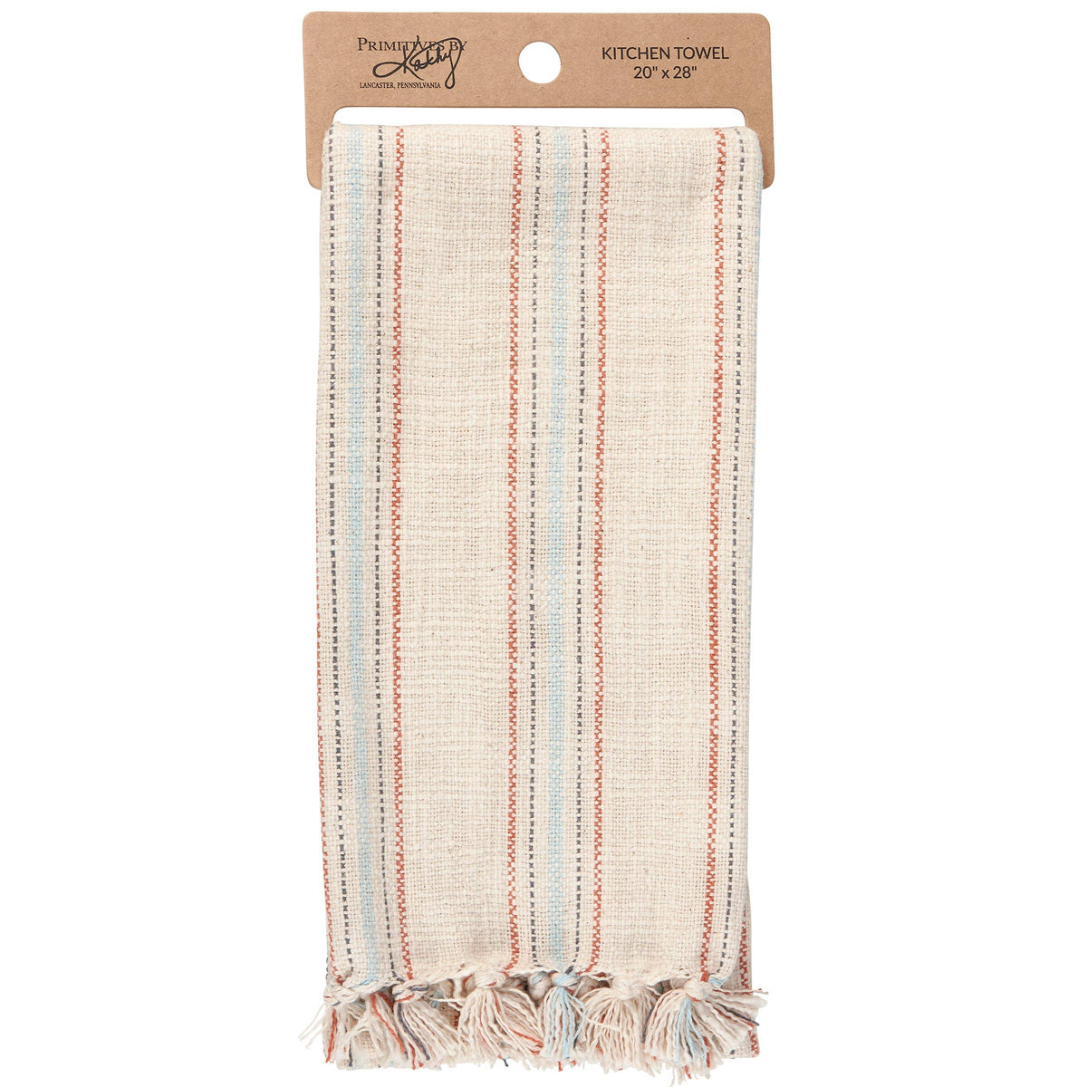 Striped kitchen towel on a cardboard backing with brand name.