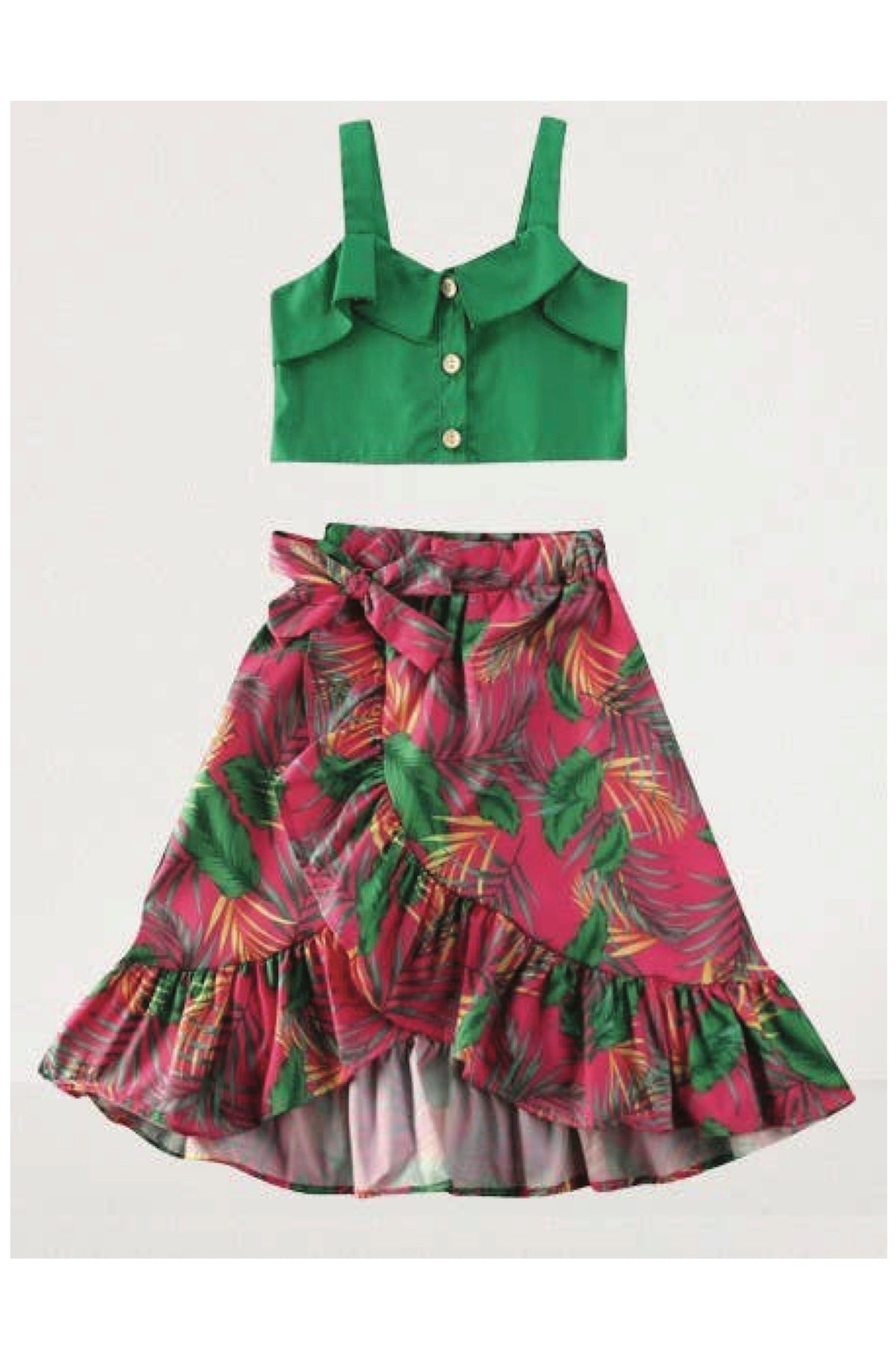 Tropical Green Girl Ruffled Crop Top & Skirt - Foxy’s