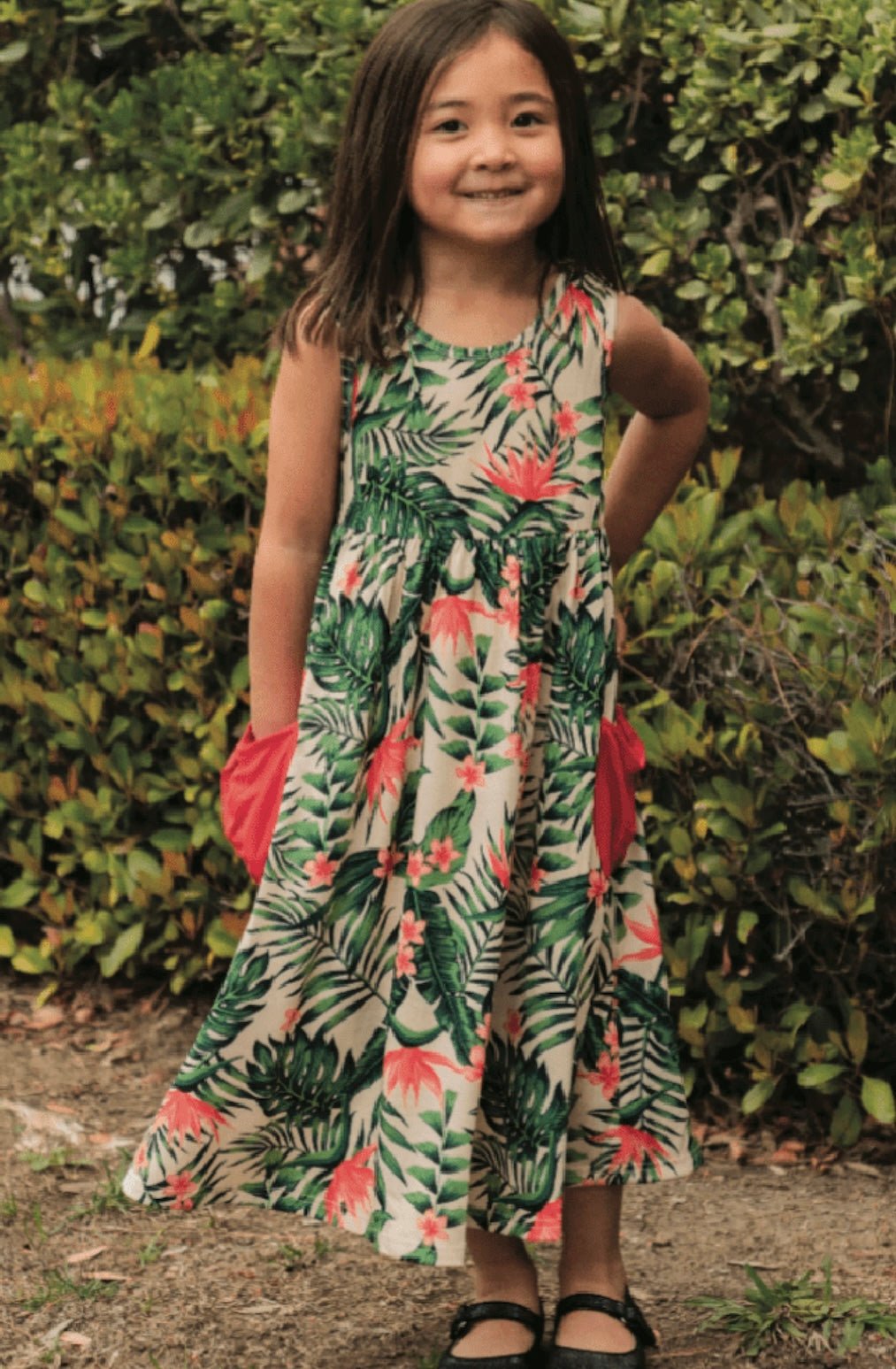 Tropical Printed Midi Pocket Little Girls Dress - Foxy’s