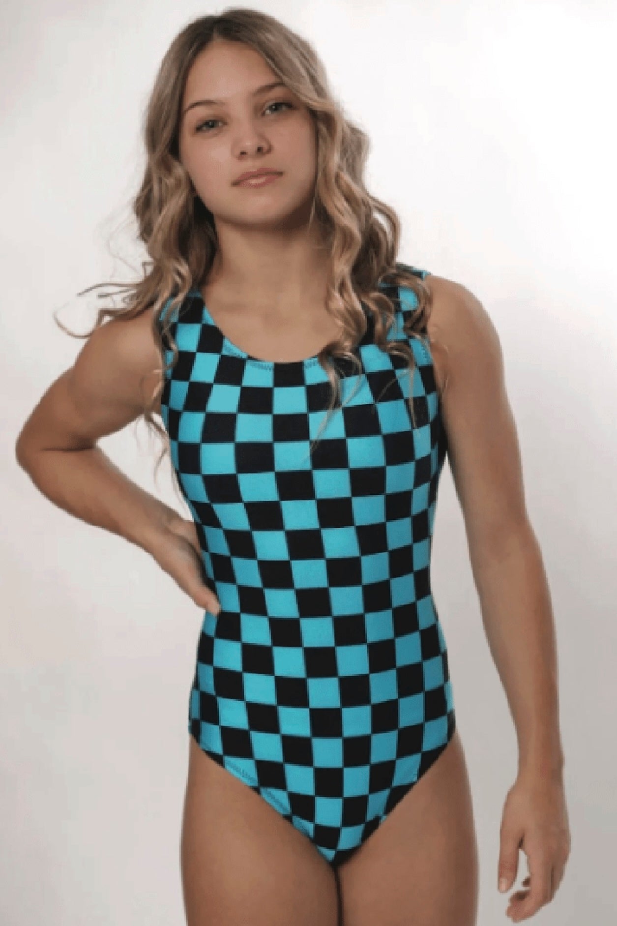 Teal Checkerboard Gymnastics Leotard - Open Back Tank Style | Foxy's Leotards - Foxy’s