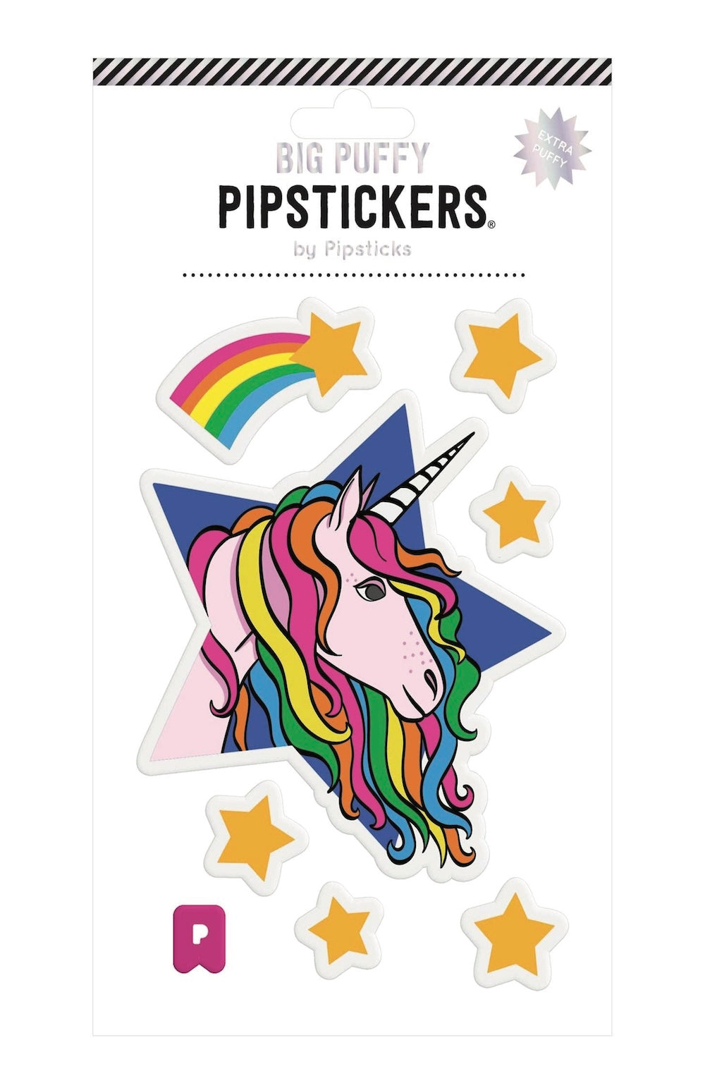 Packaging of Big Puffy Pipstickers with a colorful unicorn design on a white background.