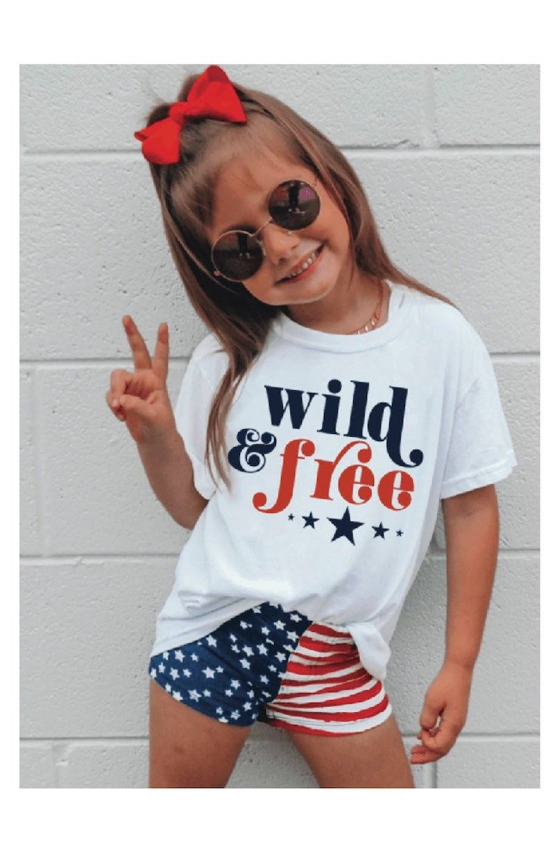 Wild & Free 4th of July Kids Graphic Tee - Patriotic Girls T-Shirt - Foxy’s