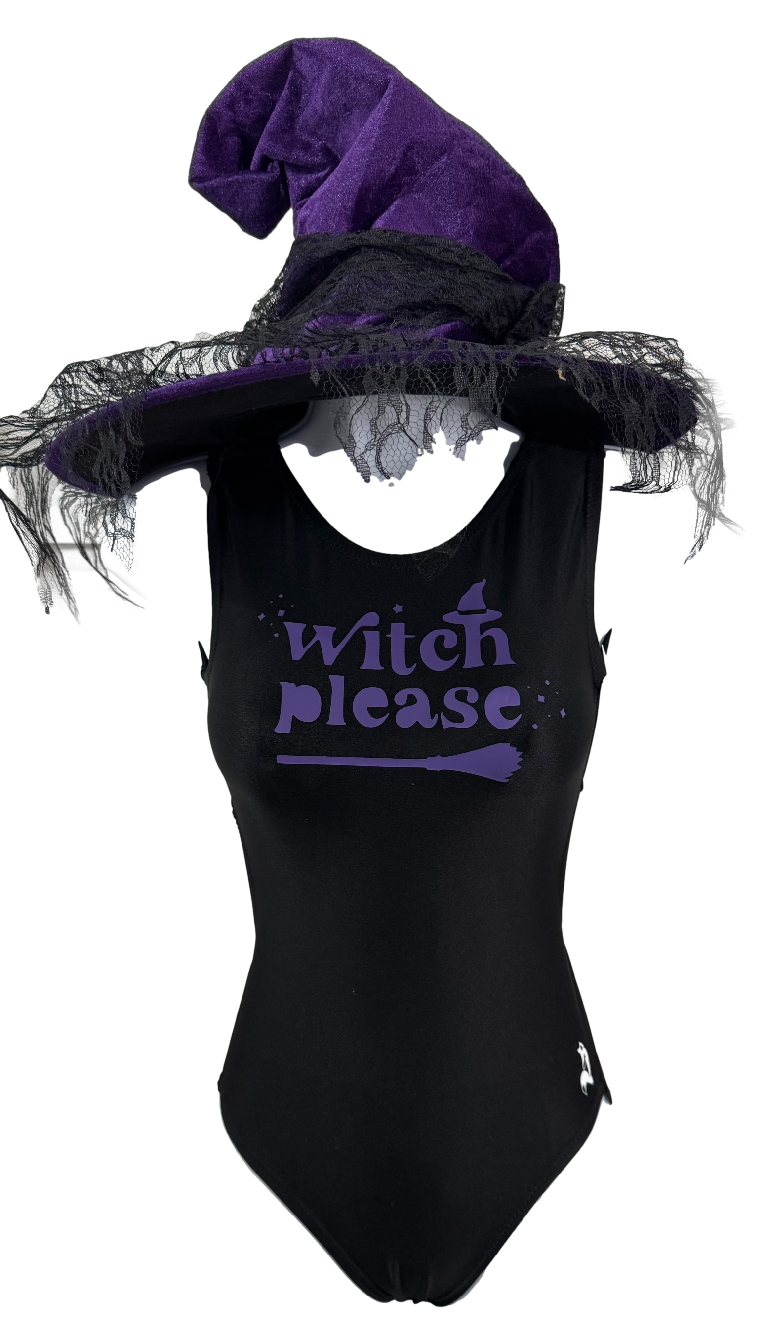 Black tank Foxy's leotard with 'witch please' text and purple witch hat on a white background