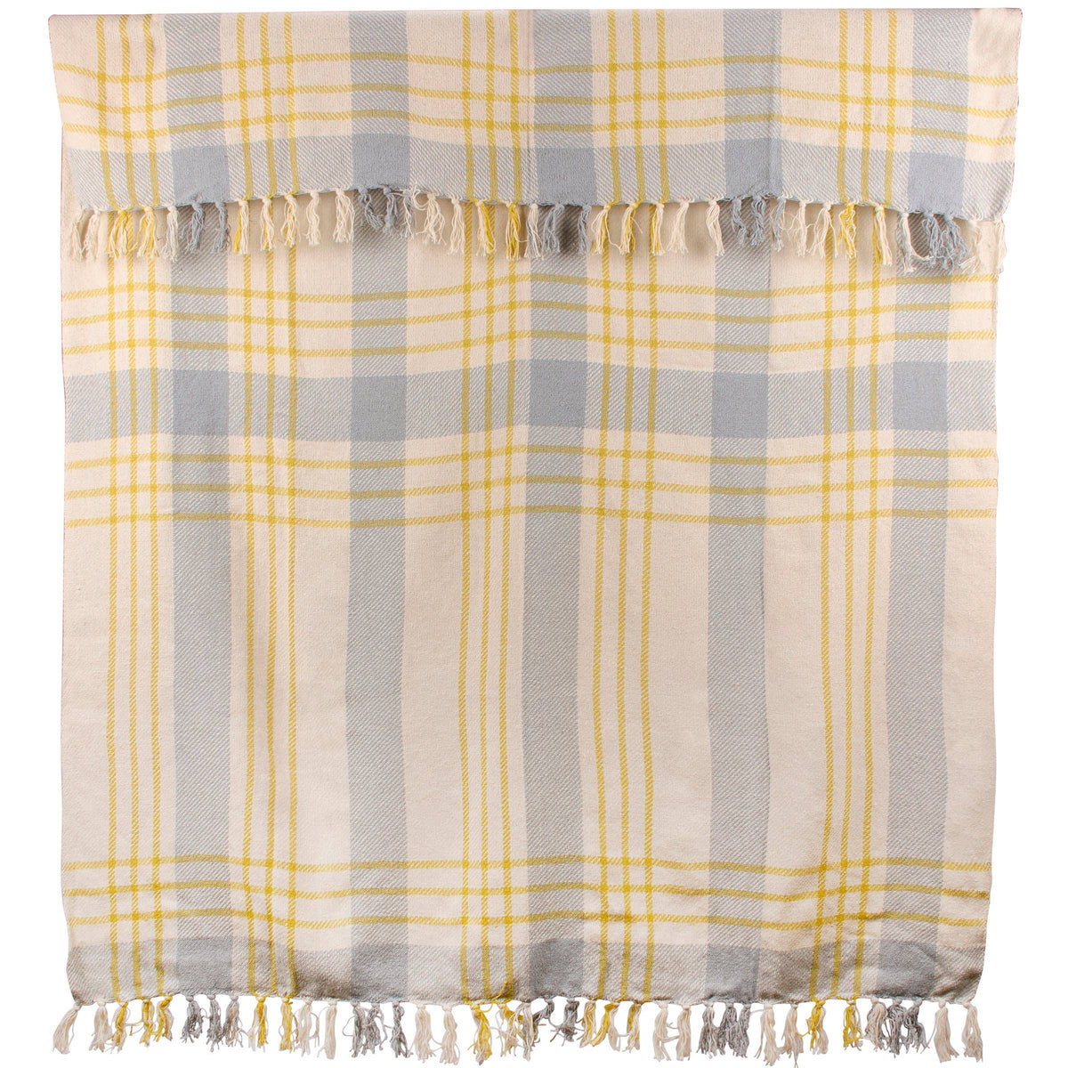 A square woven throw blanket with a plaid pattern in light gray, cream, and yellow, featuring fringed tassels on all sides, shown flat against a white background.