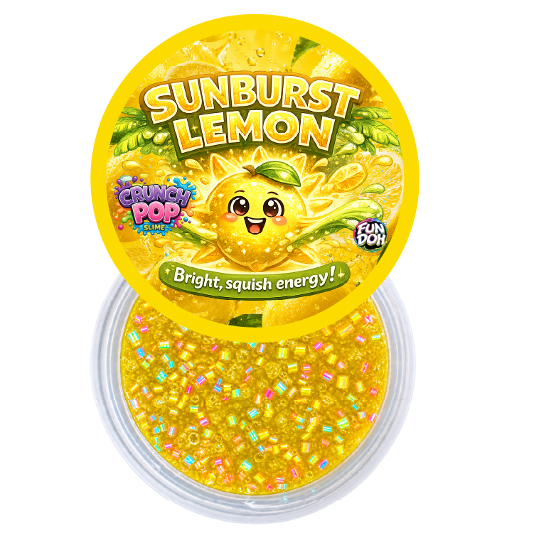 A clear round plastic tub filled with bright yellow glittery slime topped with multicolored sprinkles, shown with a matching yellow lid labeled 'Sunburst Lemon' and 'Crunch Pop Squishy' on a plain white background.
